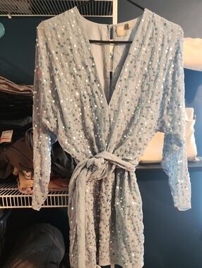 NWT Women's ASOS Light Blue Long Sleeve Sequin Waist-Tie Mini Dress Size 6